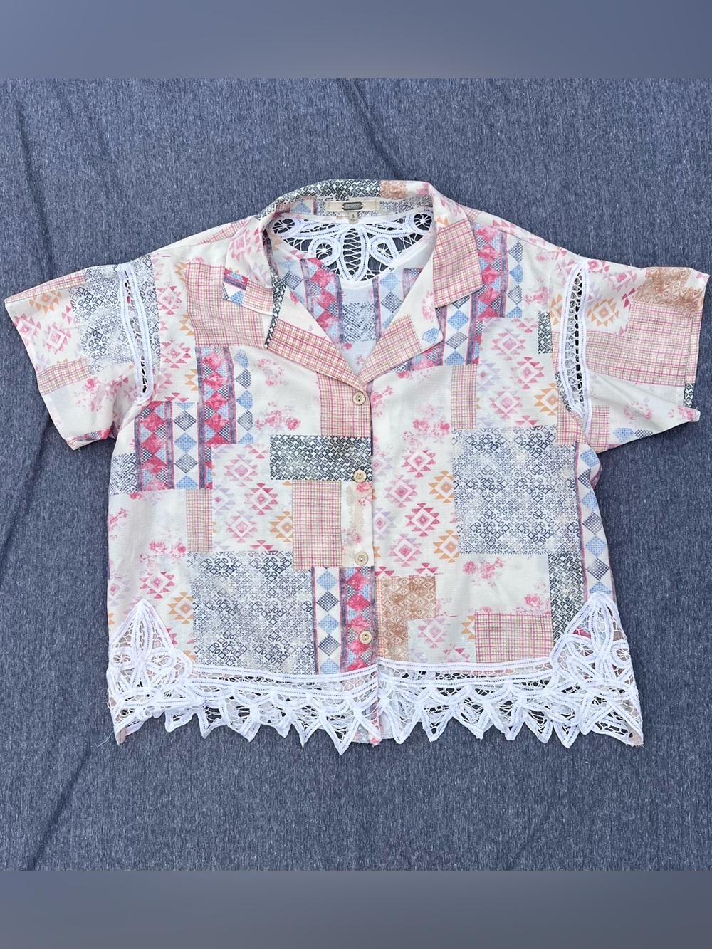 Gimmicks Patchwork Blouse - Women’s Large - Pastel & Crochet Button Down